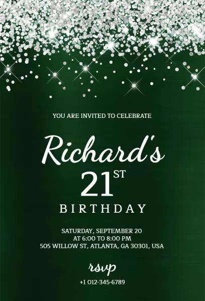 Elegant Green Sparkle 21st Birthday Celebration Invitation Template