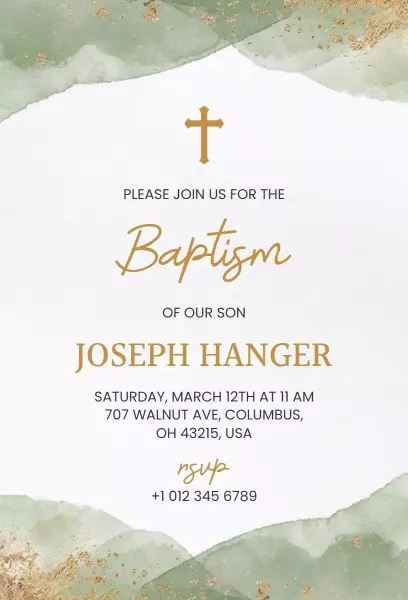 Elegant Green Watercolor Son Baptism Celebration Invitation Template