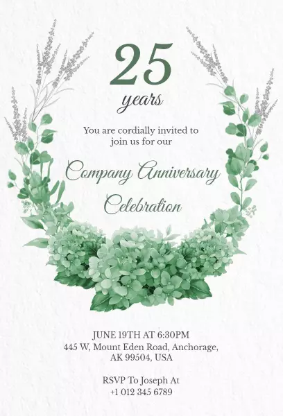 Elegant Greenery 25th Company Anniversary Celebration Invitation Template