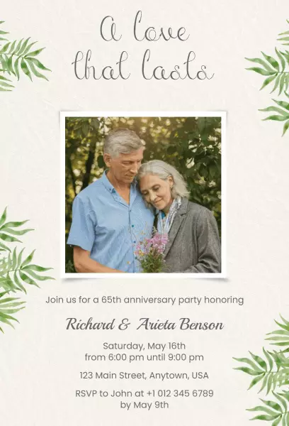Elegant Greenery 65th Anniversary Celebration Invitation Template