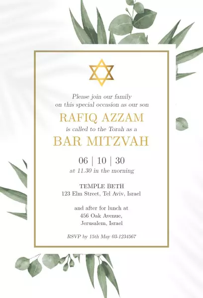 Elegant Greenery Bar Mitzvah Celebration Invitation Template