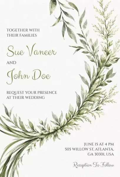 Elegant Greenery Bridal Ceremony Wedding Invitation Template