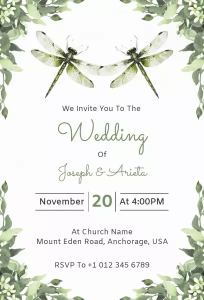 Elegant Greenery Dragonfly Wedding Celebration Invitation Template