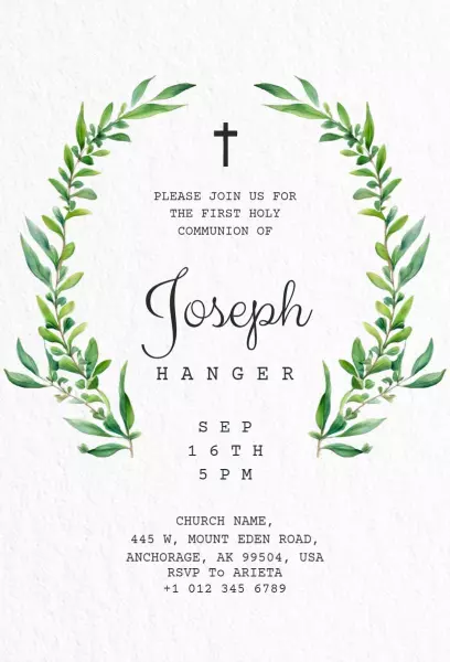 Elegant Greenery First Communion Celebration Invitation Template