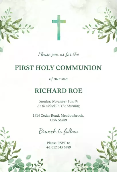 Elegant Greenery First Holy Communion Invitation Template