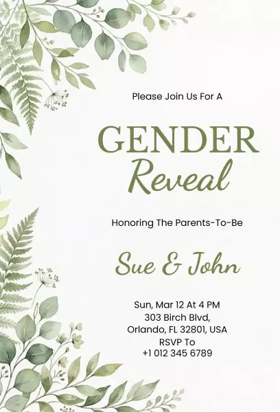 Elegant Greenery Gender Reveal Celebration Invitation Template