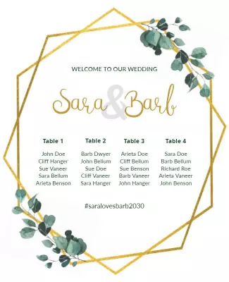Elegant Greenery Gold Wedding Table Seating Poster Template