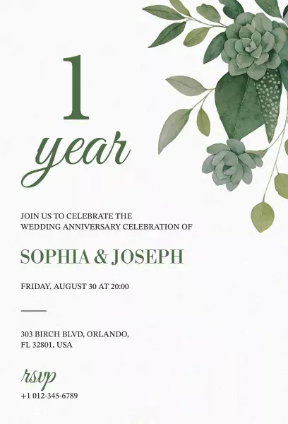 Elegant Greenery One Year Wedding Anniversary Invitation Template