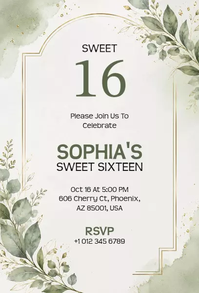 Elegant Greenery Sweet 16 Birthday Celebration Invitation Template