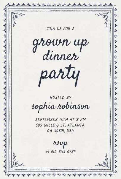 Elegant Grown Up Dinner Party Celebration Invitation Template