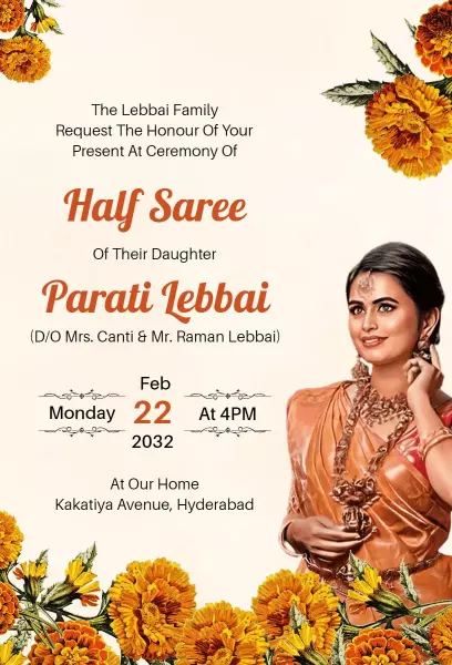 Elegant Half Saree Ceremony Invitation for Parati Lebbai Template