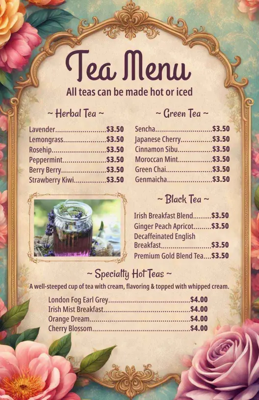Elegant Herbal, Green, and Specialty Teas for Every Taste Tea Menu Template