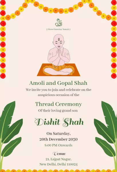 Elegant Hindu Thread Ceremony Celebration Invitation Template