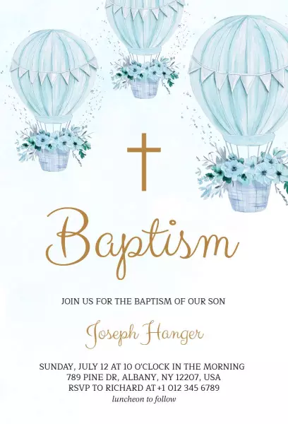 Elegant Hot Air Balloon Baby Baptism Celebration Invitation Template