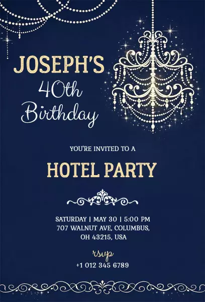 Elegant Hotel Party 40th Birthday Celebration Invitation Template