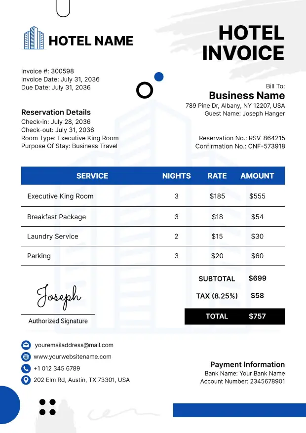 Elegant Hotel Room and Service Billing with Charges Invoice Template