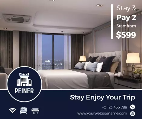 Elegant Hotel Room Promotion with Stay 3 Pay 2 Offer Ad Template