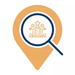 Elegant Hotel Search Symbol with Orange Magnifying Glass Logo Template