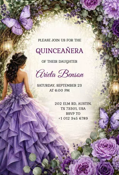 Elegant Lavender Butterfly Quinceanera Celebration Invitation Template
