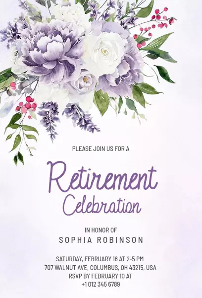 Elegant Lavender Floral Retirement Party Celebration Invitation Template