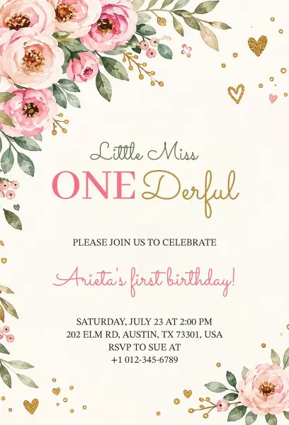 Elegant Little Miss Onederful Birthday Invitation Template