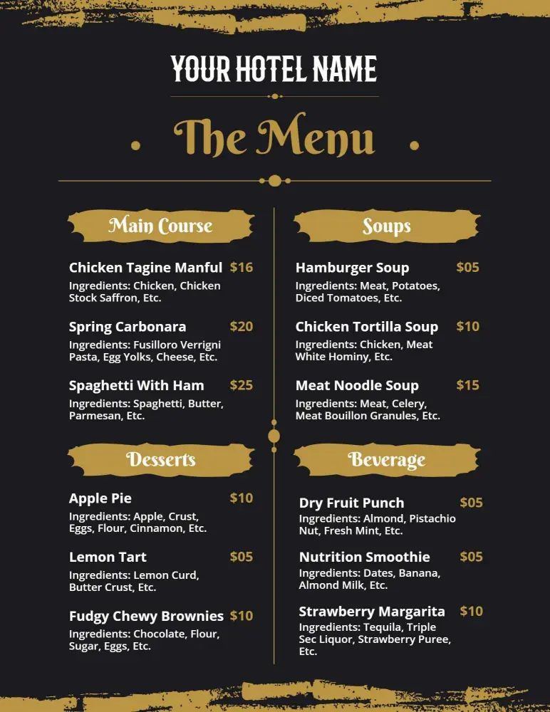 Elegant Main Courses and Satisfying Desserts Hotel Menu Template