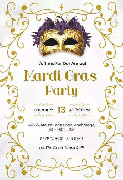 Elegant Mardi Gras Masquerade Party Celebration Invitation Template