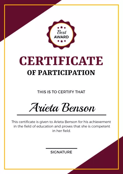 Elegant Maroon Award for Participation Certificate Template