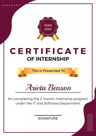 Elegant Maroon Themed IT Internship Completion Certificate Template