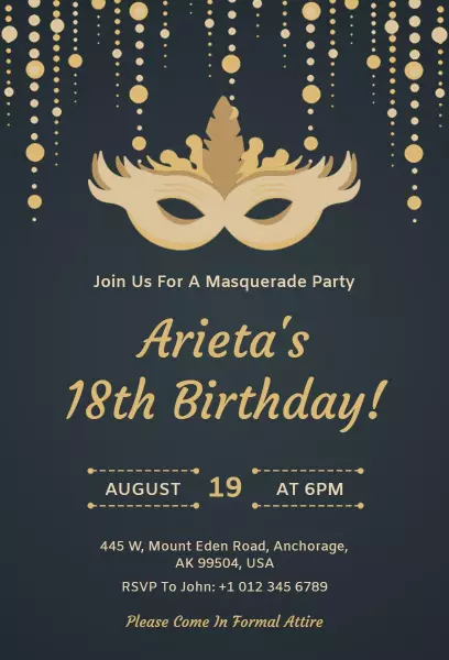 Elegant Masquerade 18th Birthday Celebration Invitation Template