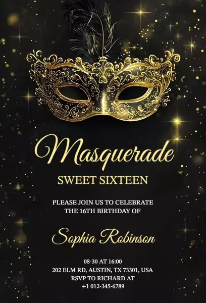 Elegant Masquerade Golden Sweet Sixteen Birthday Invitation Template