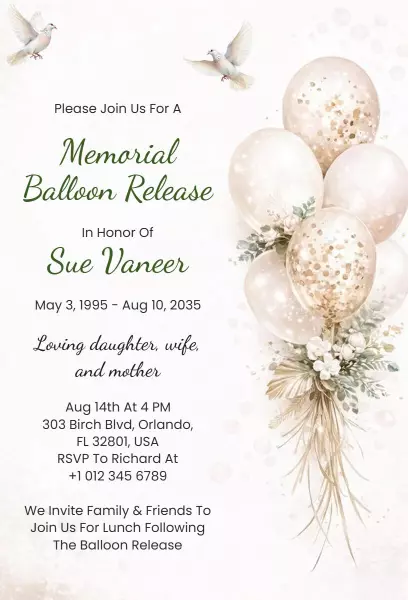 Elegant Memorial Balloon Release Celebration Invitation Template