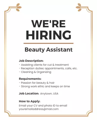 Elegant Minimalist Beauty Assistant Hiring Announcement Poster Template