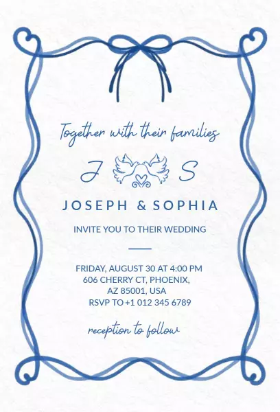 Elegant Minimalist Blue Line Art Wedding Invitation Template