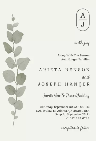 Elegant Minimalist Eucalyptus Wedding Invitation Template