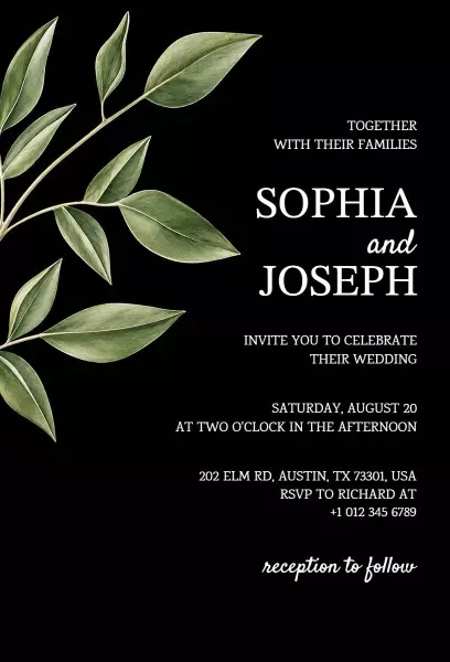 Elegant Minimalist Leafy Wedding Ceremony Invitation Template