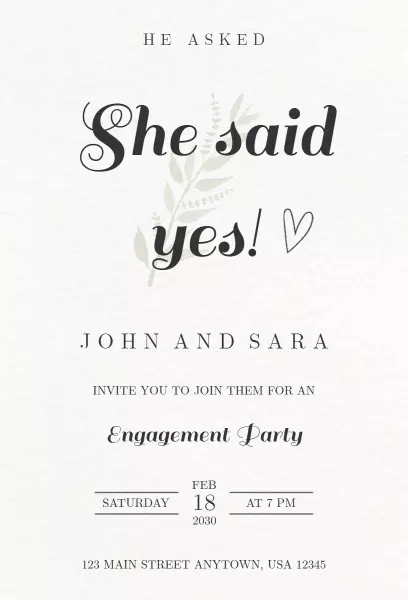 Elegant Minimalist She Said Yes Engagement Celebration Invitation Template