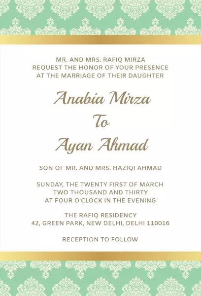 Elegant Mint Green Muslim Wedding Ceremony Invitation Template
