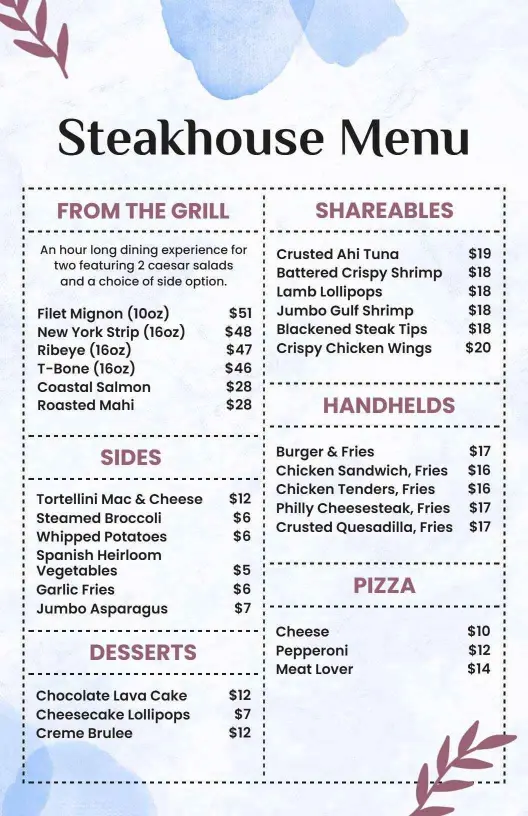 Elegant Modern Blue Floral Steakhouse Menu Template