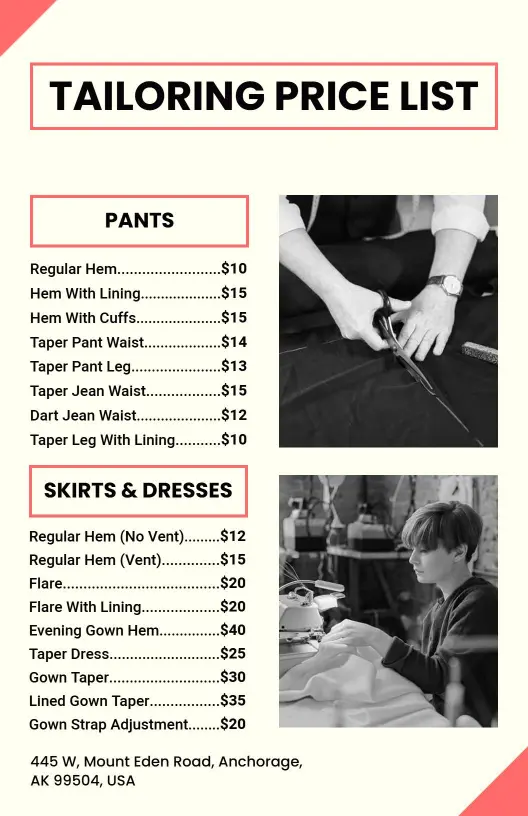 Elegant Monochrome Tailoring Services Price List Template