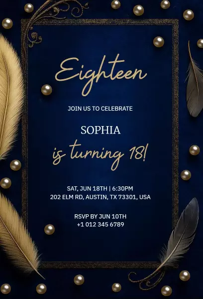Elegant Navy and Gold 18th Birthday Celebration Invitation Template