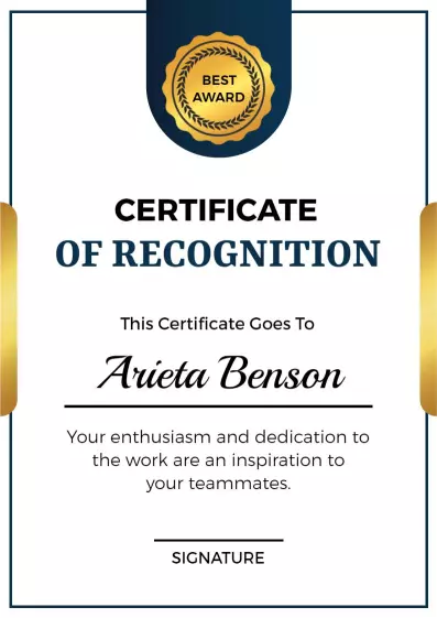 Elegant Navy Blue and Gold Recognition Certificate Template