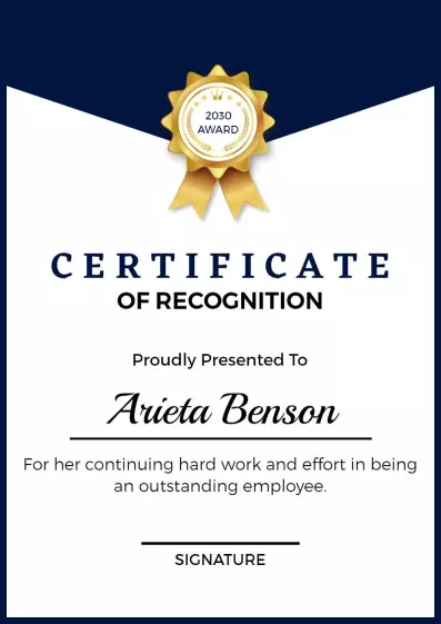 Elegant Navy Blue Award of Recognition Certificate Template