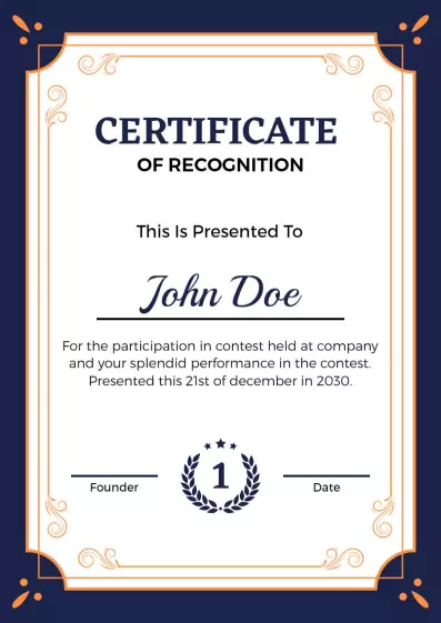 Elegant Navy Blue Certificate of Recognition for Achievement Template