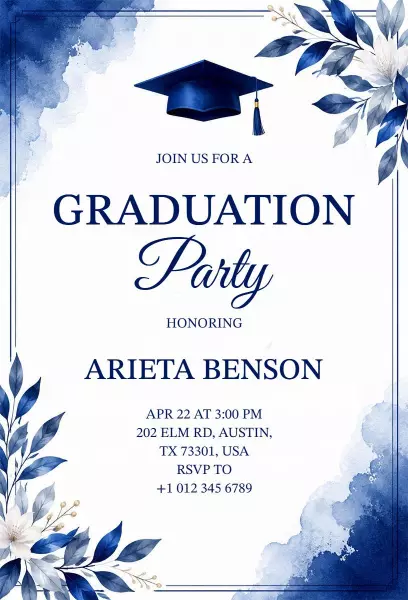Elegant Navy Blue Floral Graduation Party Invitation Template