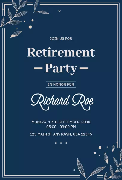 Elegant Navy Blue Floral Retirement Party Invitation Template