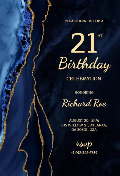 Elegant Navy Blue Golden 21st Birthday Celebration Invitation Template