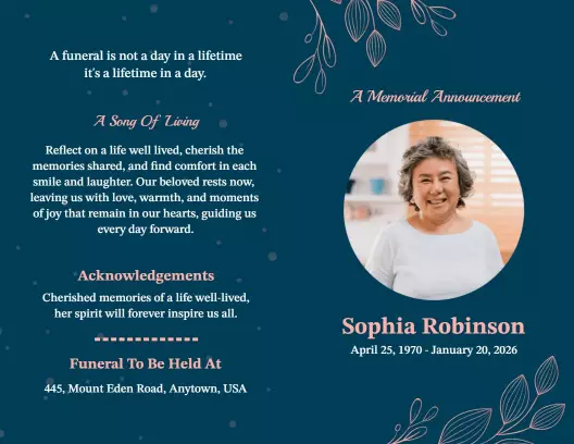 Elegant Navy Blue Memorial Announcement Brochure Template