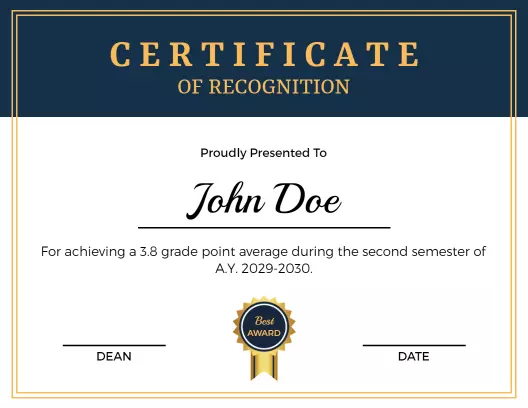 Elegant Navy Blue Recognition Achievement Award Certificate Template
