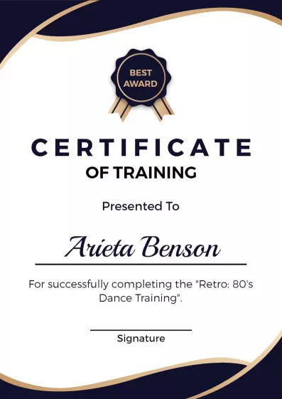Elegant Navy Blue Retro 80's Dance Training Certificate Template